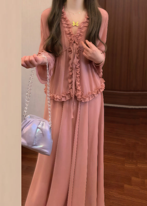 Chic Pink Ruffled Lace Up Shirt And Skirts Chiffon Two Pieces Set Fall