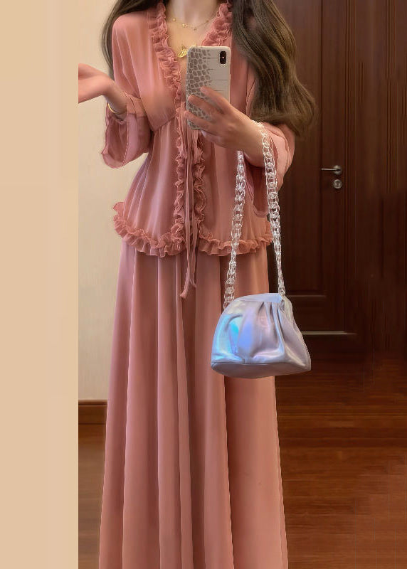 Chic Pink Ruffled Lace Up Shirt And Skirts Chiffon Two Pieces Set Fall