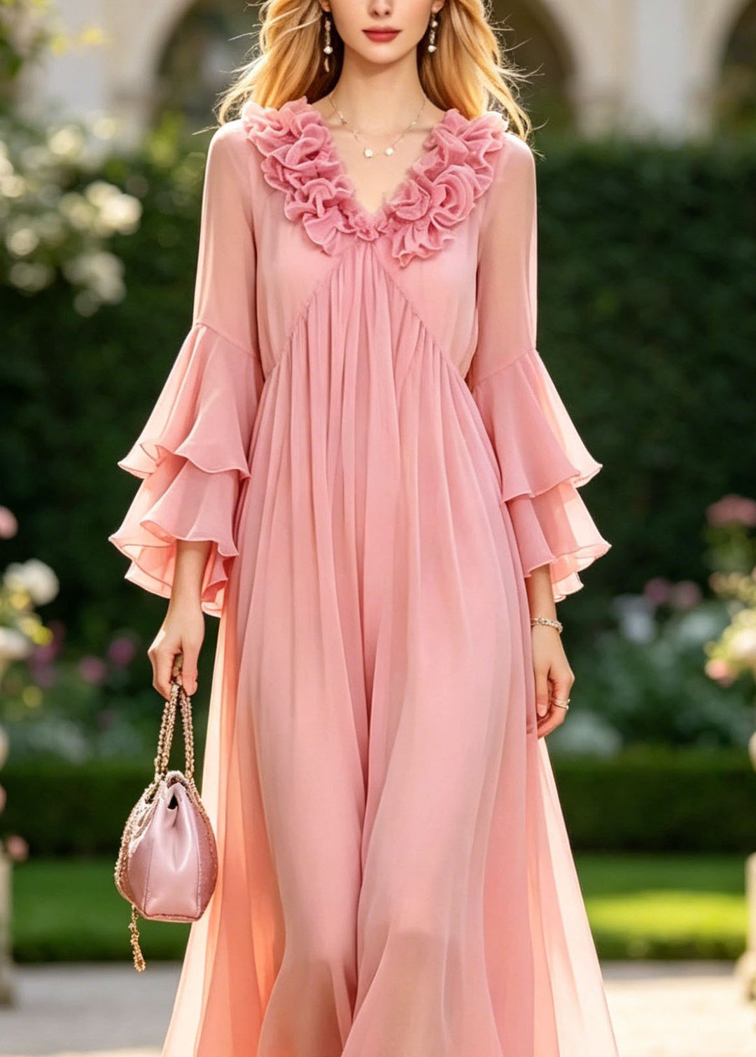 Chic Pink Ruffled Patchwork Chiffon Vacation Dress Flare Sleeve
