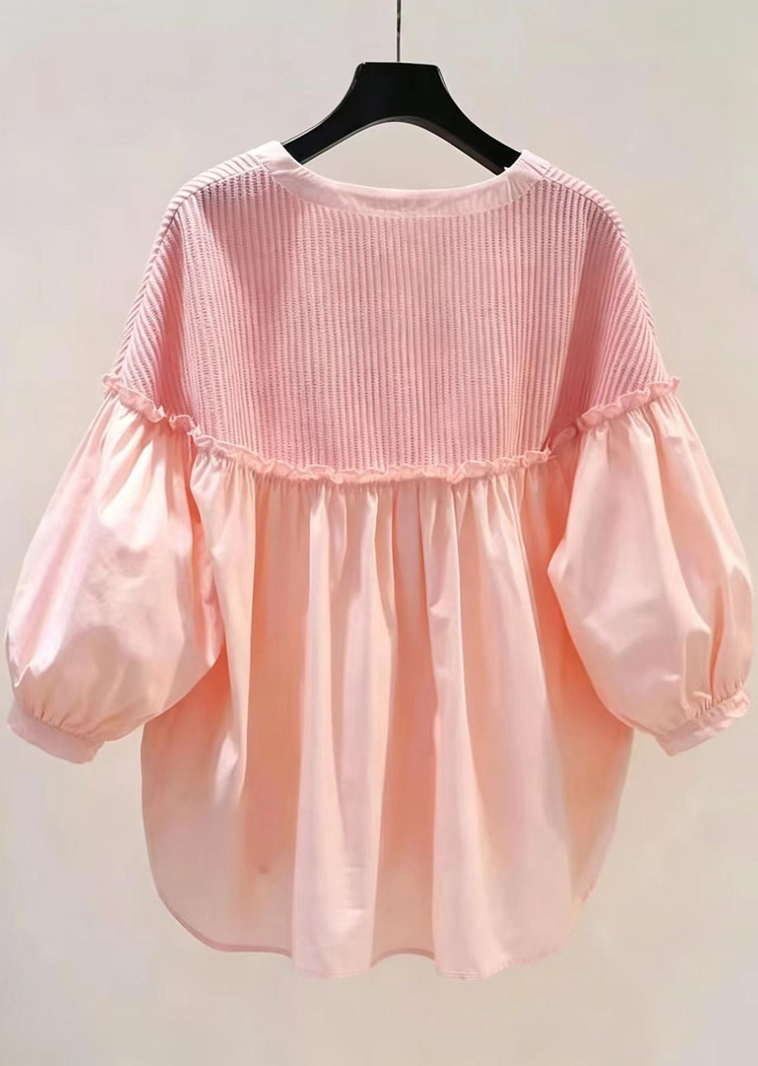 Chic Pink Ruffled Patchwork Knit Blouses Lantern Sleeve
