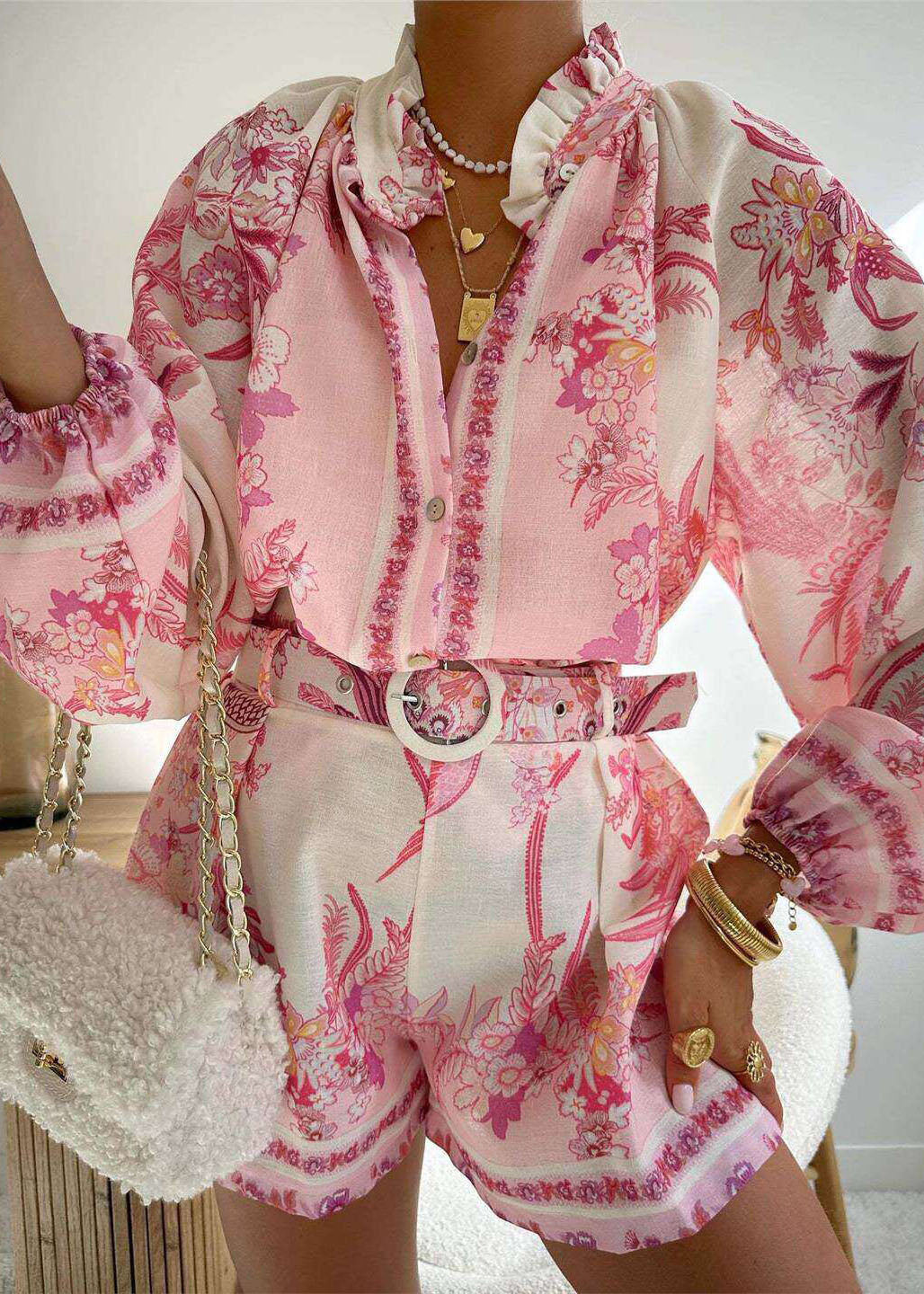 Chic Pink Ruffled Print Top And Shorts Cotton Two Pieces Set Summer