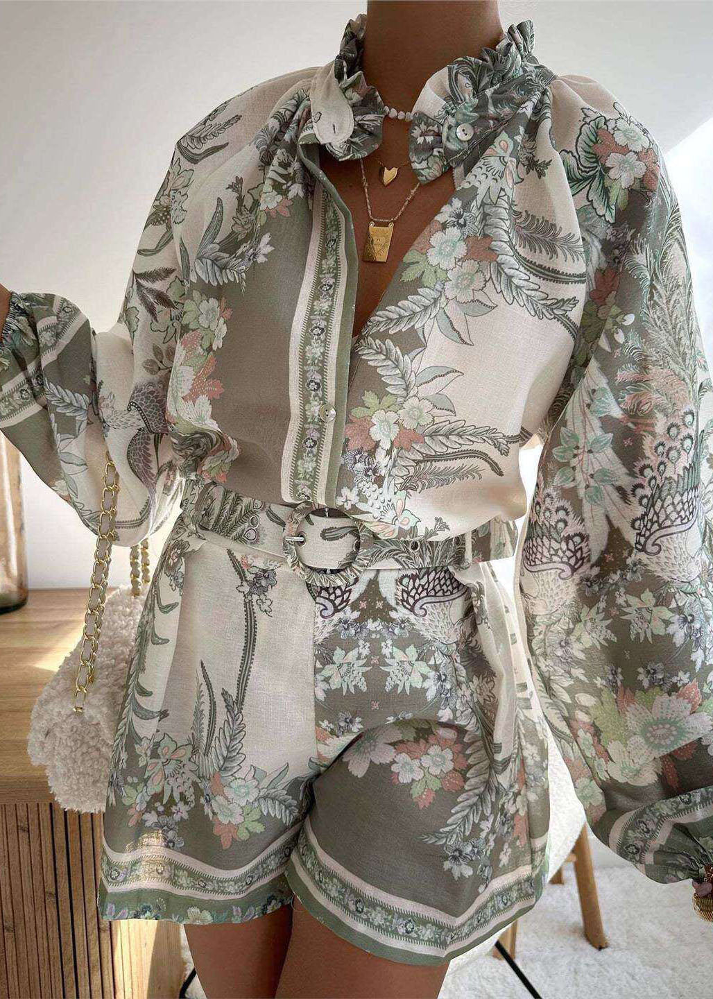 Chic Pink Ruffled Print Top And Shorts Cotton Two Pieces Set Summer