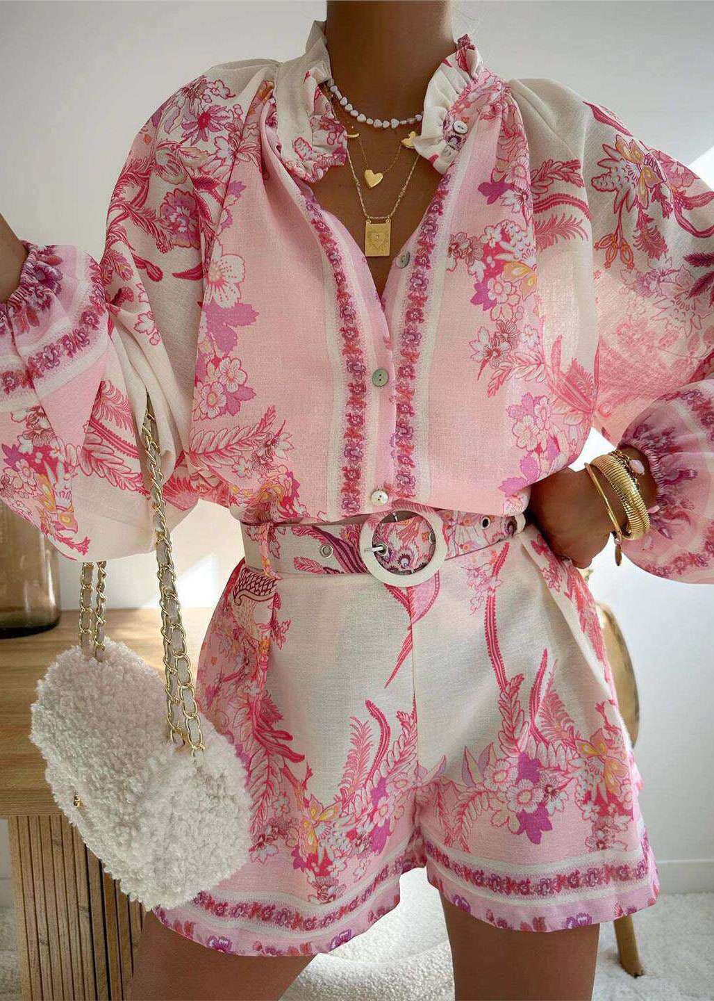 Chic Pink Ruffled Print Top And Shorts Cotton Two Pieces Set Summer