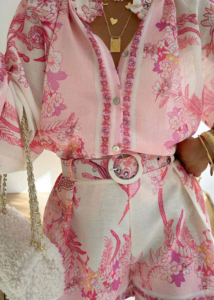 Chic Pink Ruffled Print Top And Shorts Cotton Two Pieces Set Summer