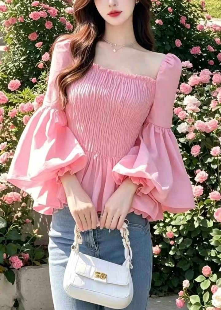 Chic Pink Square Collar Wrinkled Shirt Tops Flare Sleeve