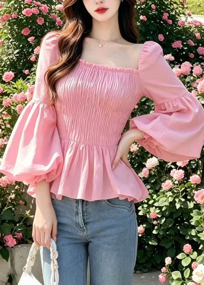 Chic Pink Square Collar Wrinkled Shirt Tops Flare Sleeve