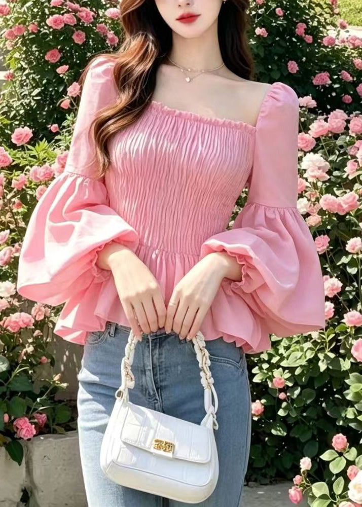Chic Pink Square Collar Wrinkled Shirt Tops Flare Sleeve
