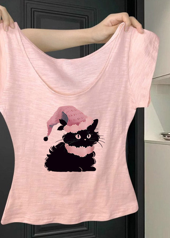 Chic Pink U Neck Animal Print T Shirt Short Sleeve