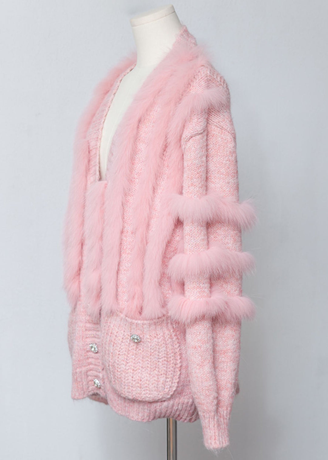 Chic Pink V Neck Fox Fur Patchwork Woolen Cardigans Winter