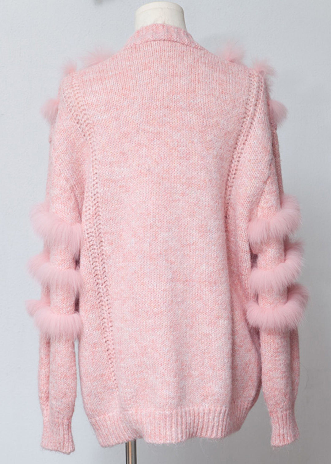 Chic Pink V Neck Fox Fur Patchwork Woolen Cardigans Winter