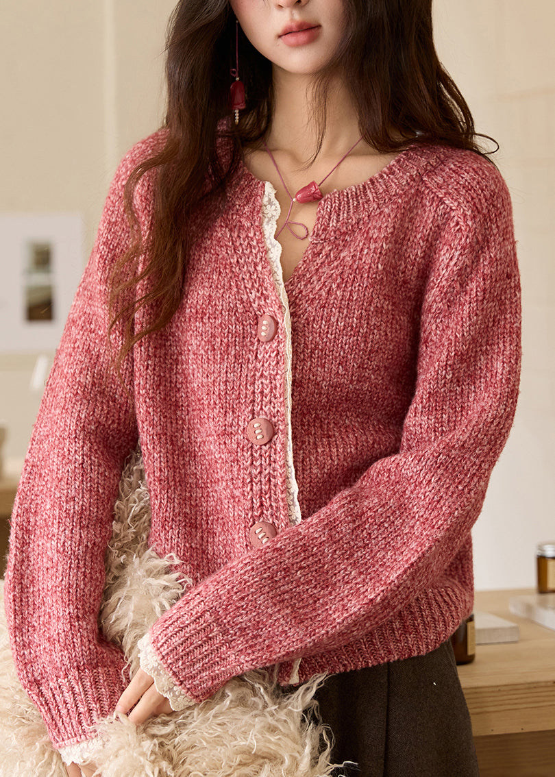Chic Pink V Neck Patchwork Cozy Cotton Knit Sweaters Fall