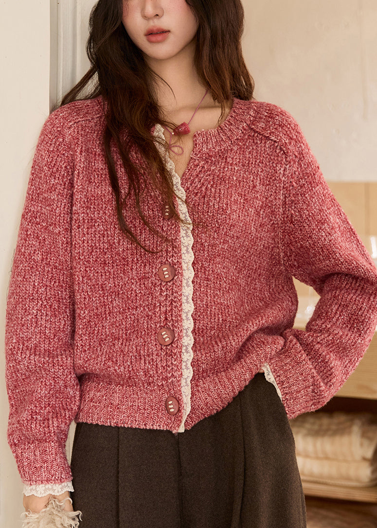 Chic Pink V Neck Patchwork Cozy Cotton Knit Sweaters Fall