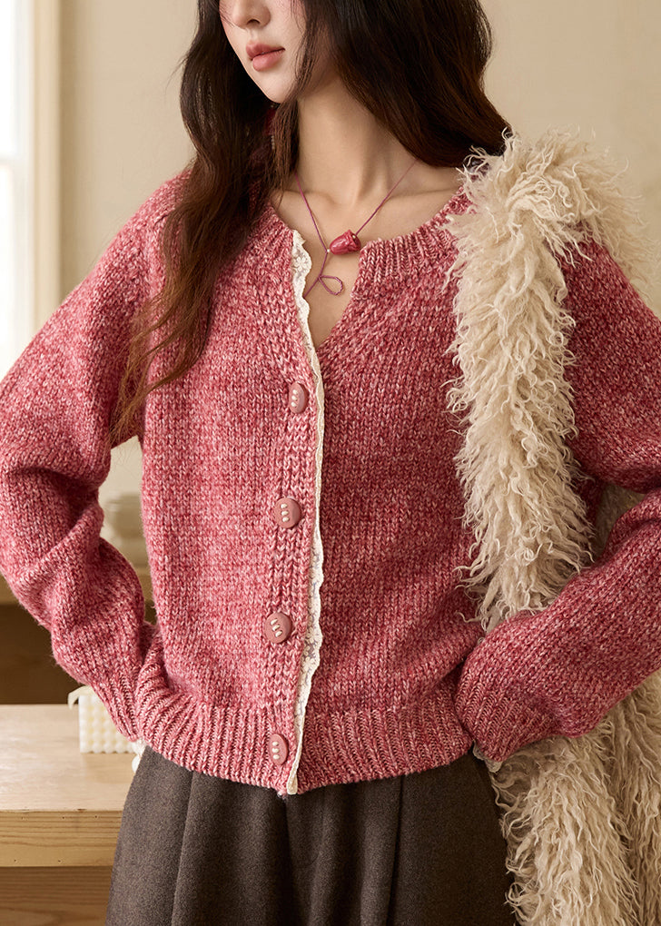 Chic Pink V Neck Patchwork Cozy Cotton Knit Sweaters Fall