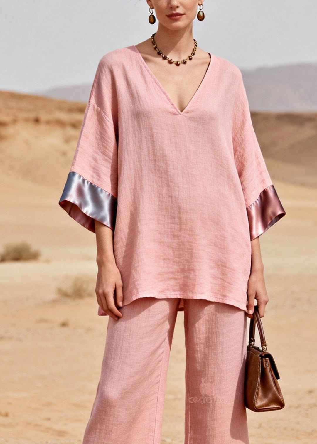 Chic Pink V Neck Patchwork Linen Silk Two Piece Set Summer