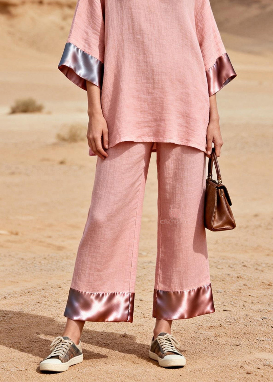 Chic Pink V Neck Patchwork Linen Silk Two Piece Set Summer