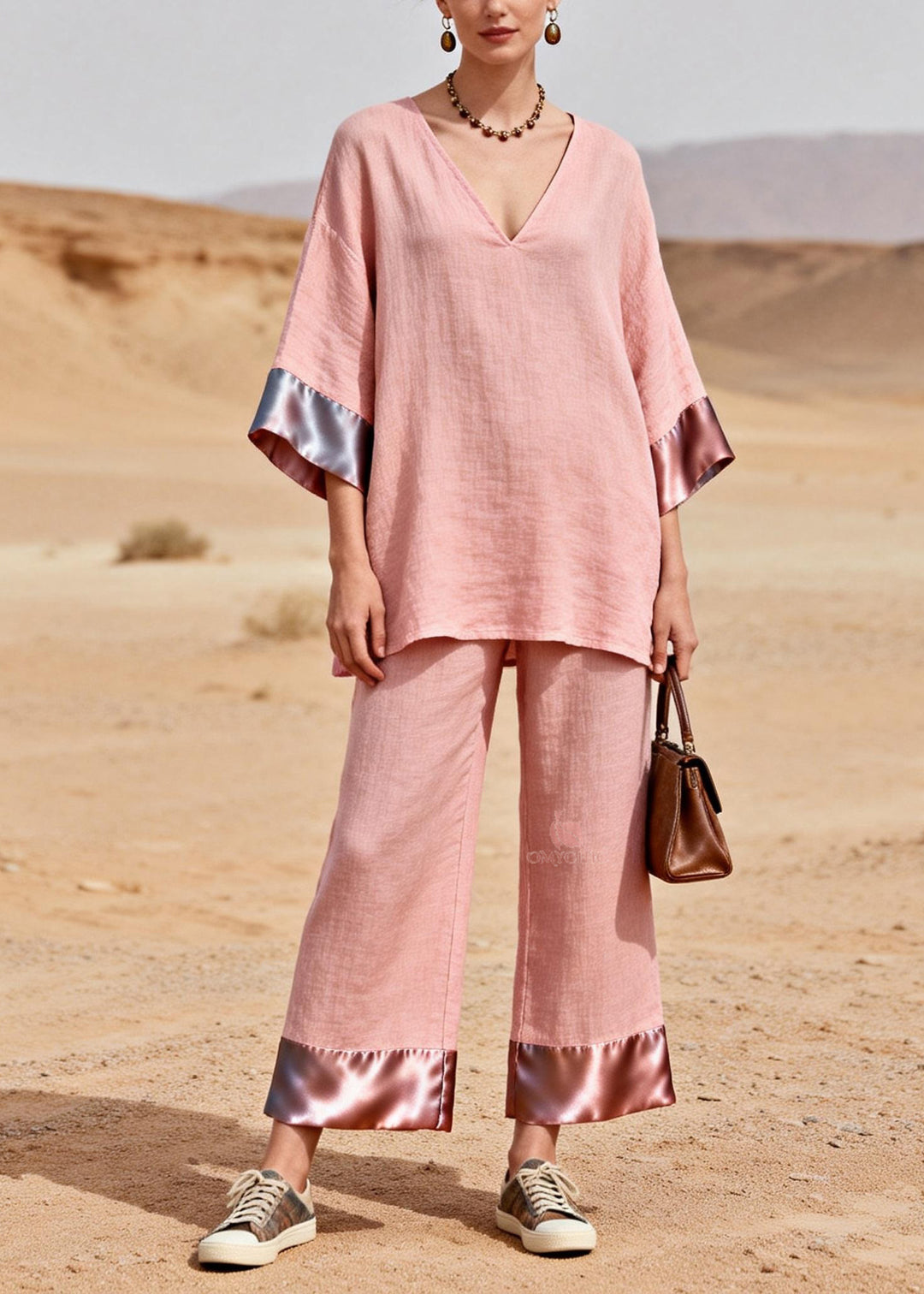 Chic Pink V Neck Patchwork Linen Silk Two Piece Set Summer