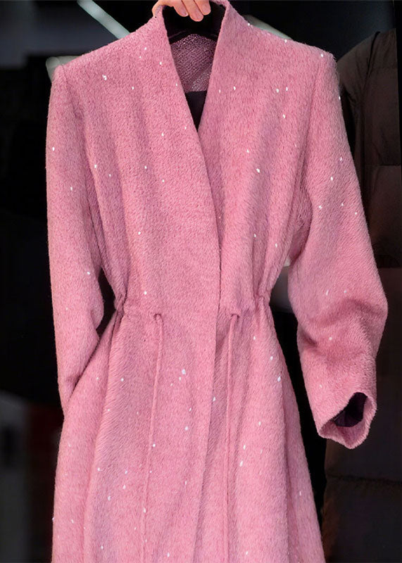 Chic Pink V Neck Sequins Drawstring Coat Fall
