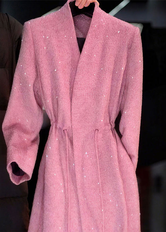 Chic Pink V Neck Sequins Drawstring Coat Fall