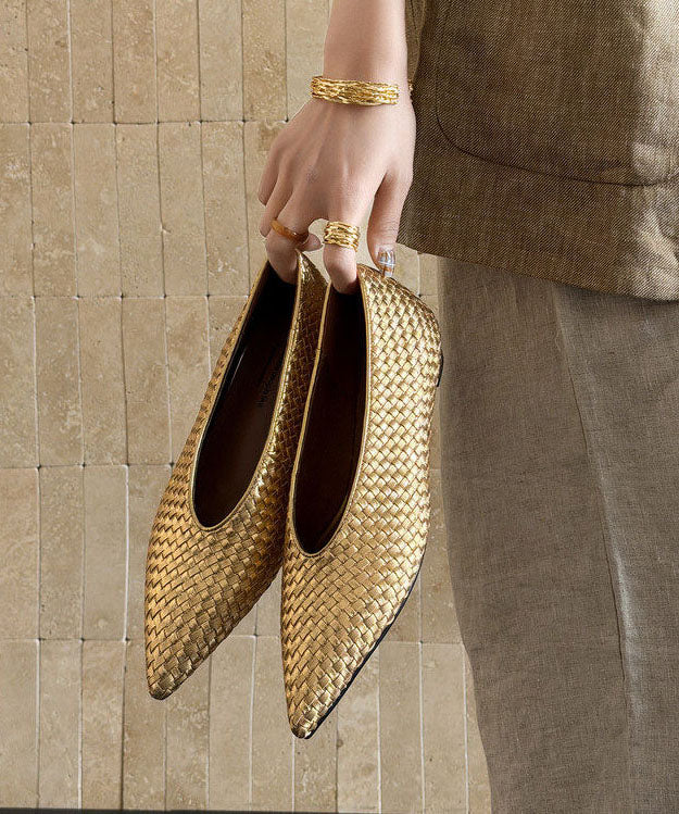 Chic Pointed Toe Wedge Shoes Gold Cowhide Leather