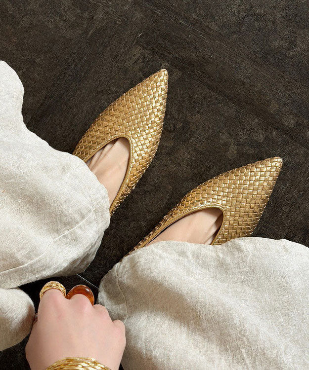 Chic Pointed Toe Wedge Shoes Gold Cowhide Leather