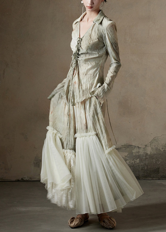 Chic Print Tulle Patchwork Shirt And Skirts Cotton Two Pieces Set Fall