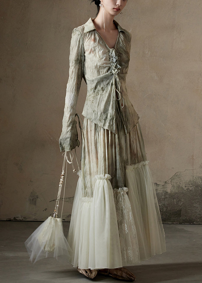 Chic Print Tulle Patchwork Shirt And Skirts Cotton Two Pieces Set Fall