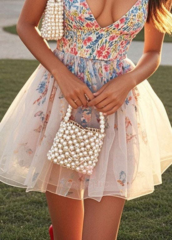 Chic Print V Neck Tulle Patchwork Cotton Mini Dress Summer
