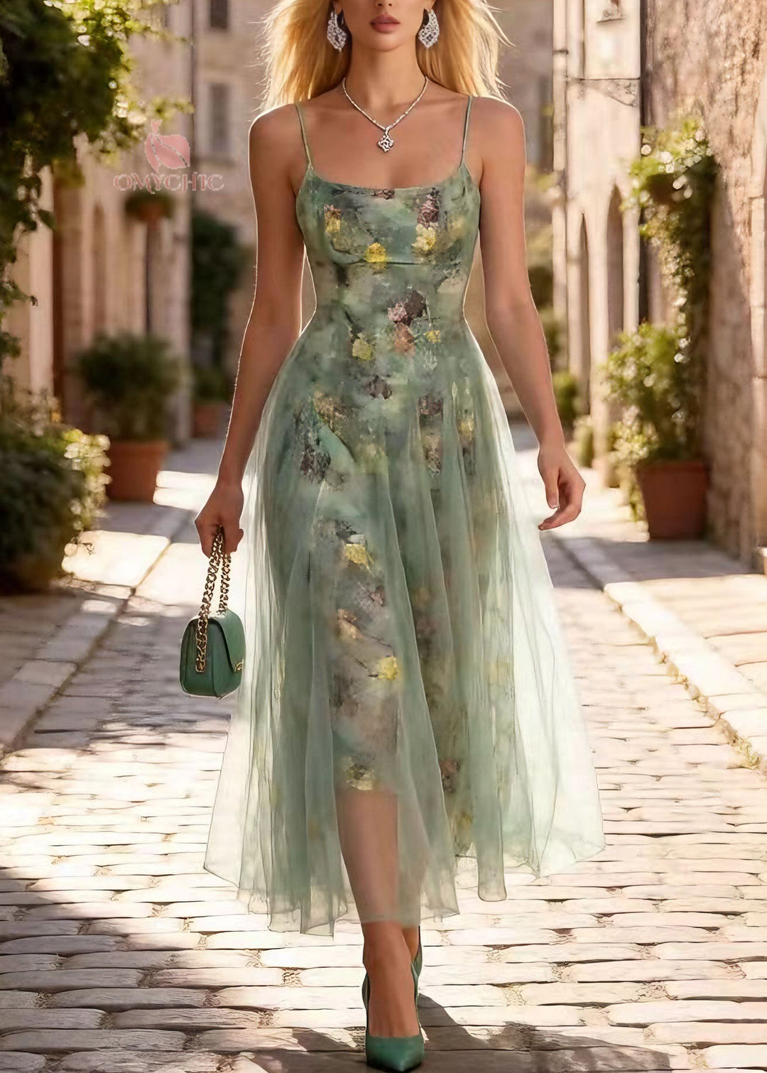 Chic Print Wrinkled Tulle Spaghetti Strap Dress Summer