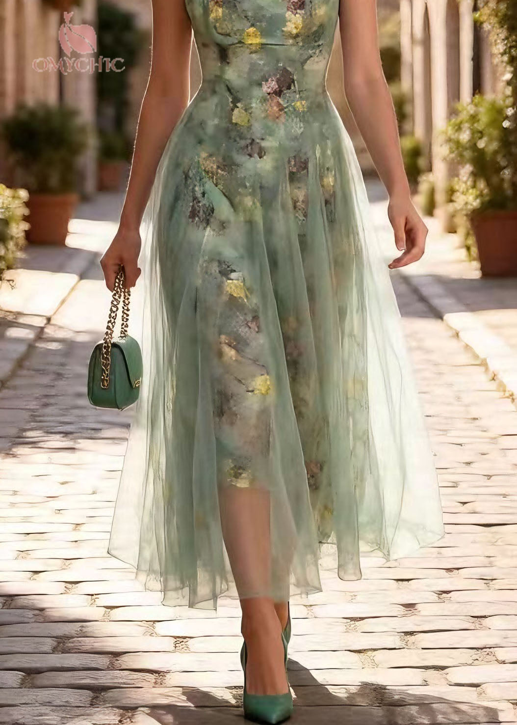 Chic Print Wrinkled Tulle Spaghetti Strap Dress Summer