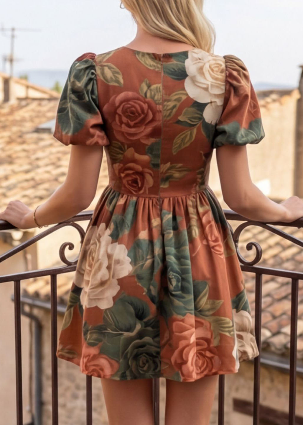 Chic Puff Sleeve O-Neck Print Wrinkled Cotton Mini Dress