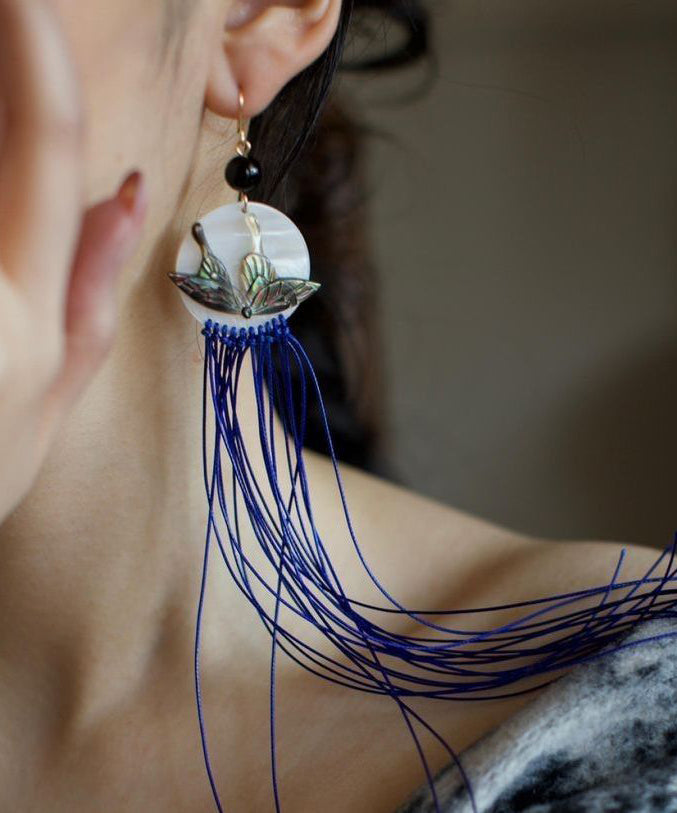 Chic Purple Alloy Agate Shell Butterfly Tassel Drop Earrings
