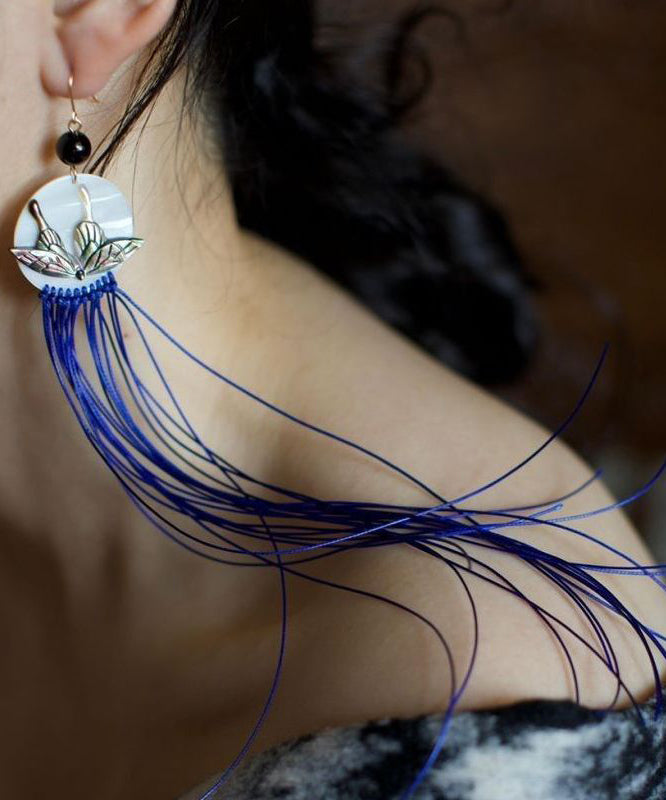 Chic Purple Alloy Agate Shell Butterfly Tassel Drop Earrings