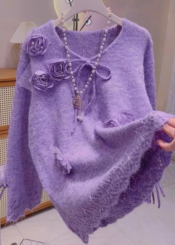 Chic Purple Floral Bow Knit Knit Sweaters Spring