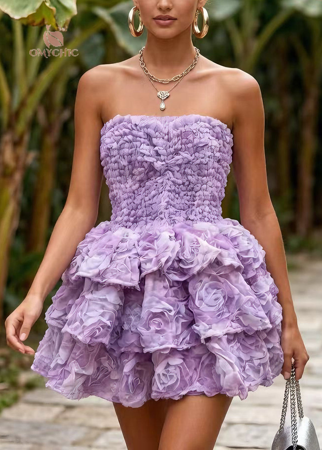 Chic Purple Floral Patchwork Tulle Mini Strapless Dress