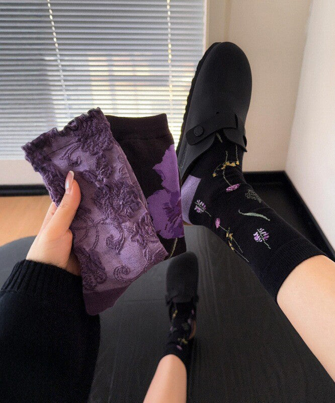 Chic Purple Jacquard Cotton Mid Calf Socks