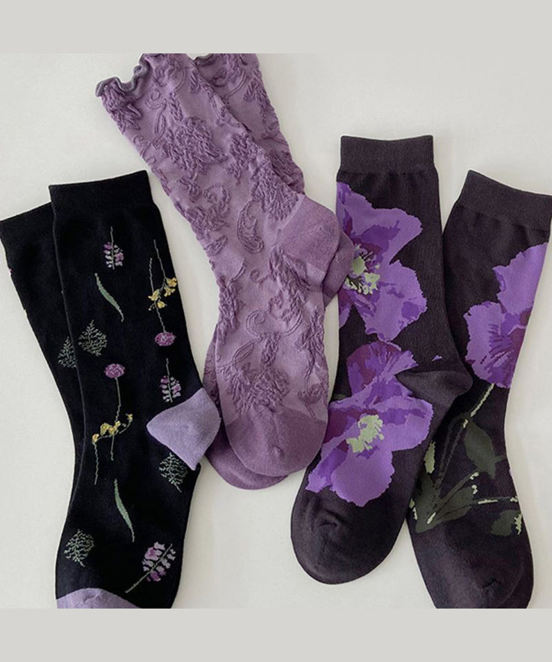 Chic Purple Jacquard Cotton Mid Calf Socks