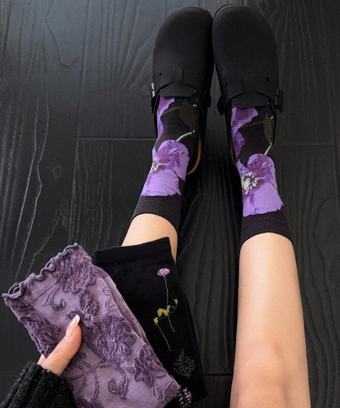 Chic Purple Jacquard Cotton Mid Calf Socks