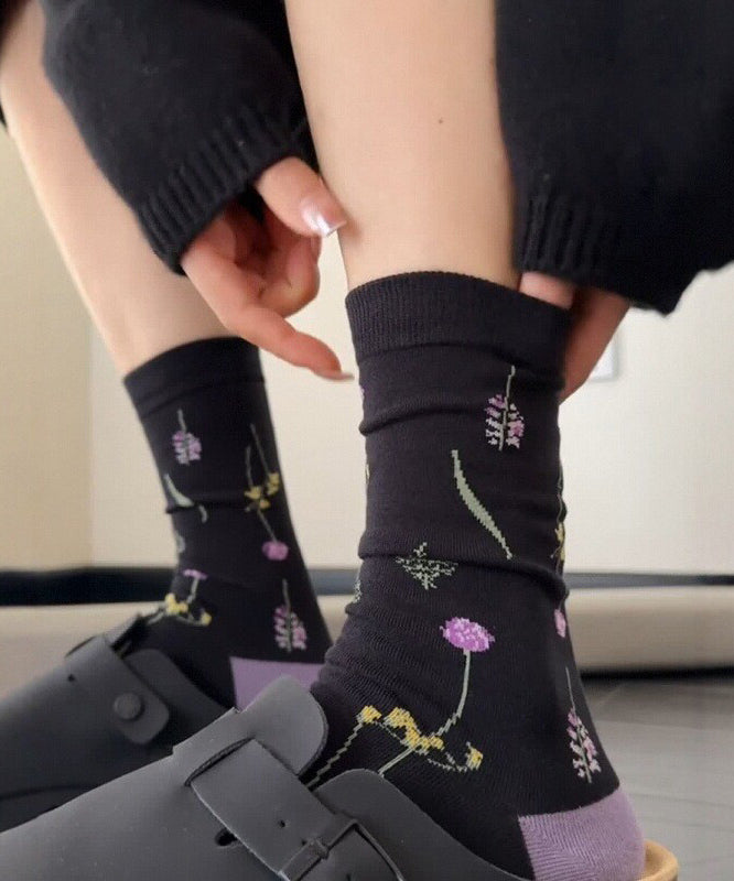 Chic Purple Jacquard Cotton Mid Calf Socks