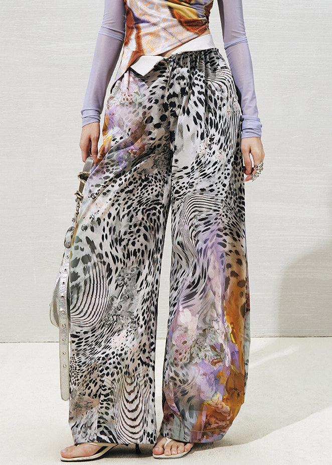 Chic Purple Leopard High Waist Cotton Wide Leg Pants Summer