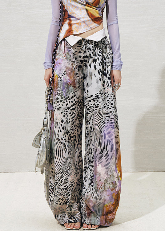 Chic Purple Leopard High Waist Cotton Wide Leg Pants Summer