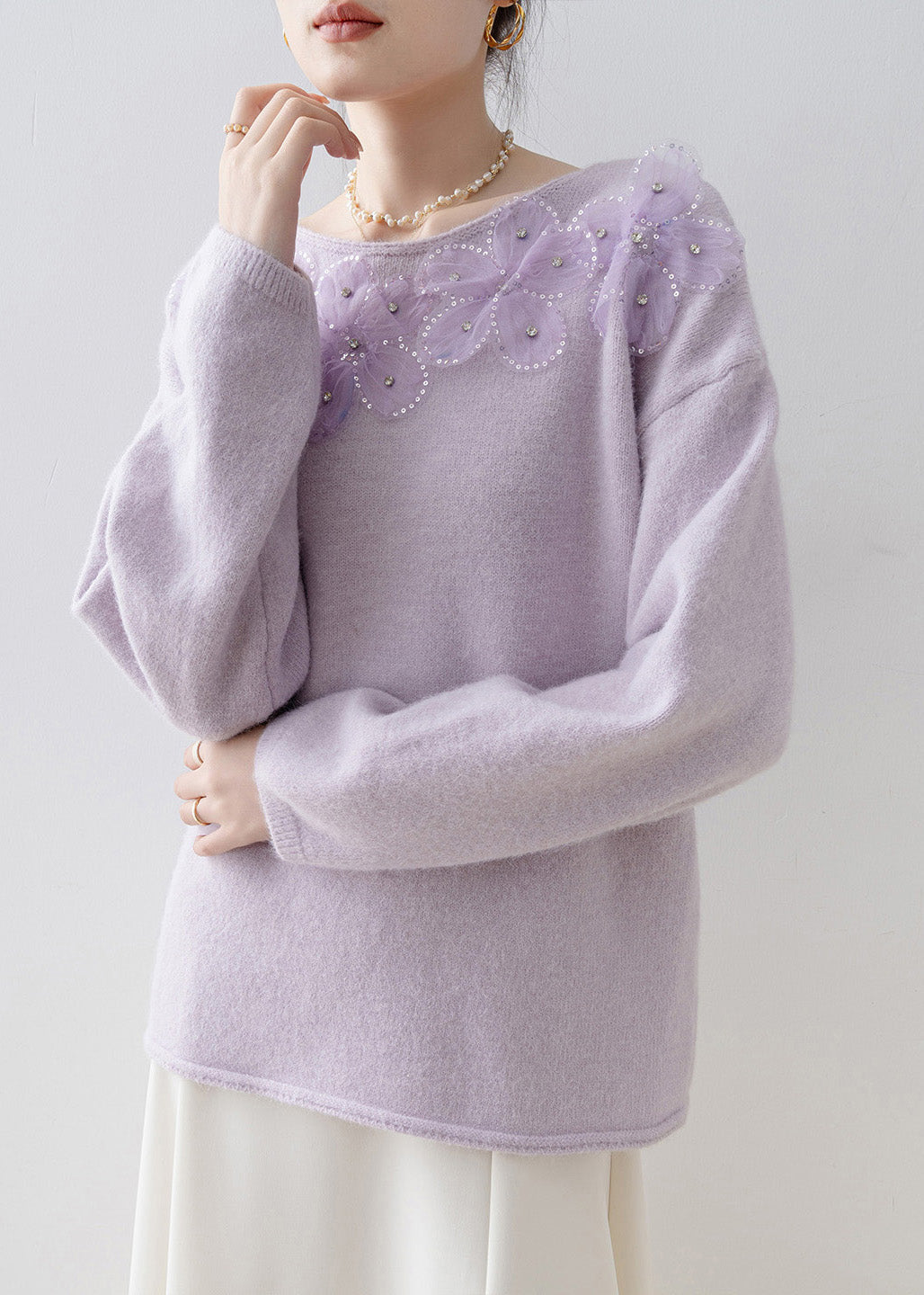 Chic Purple O Neck Floral Sequins Zircon Knit Top Spring