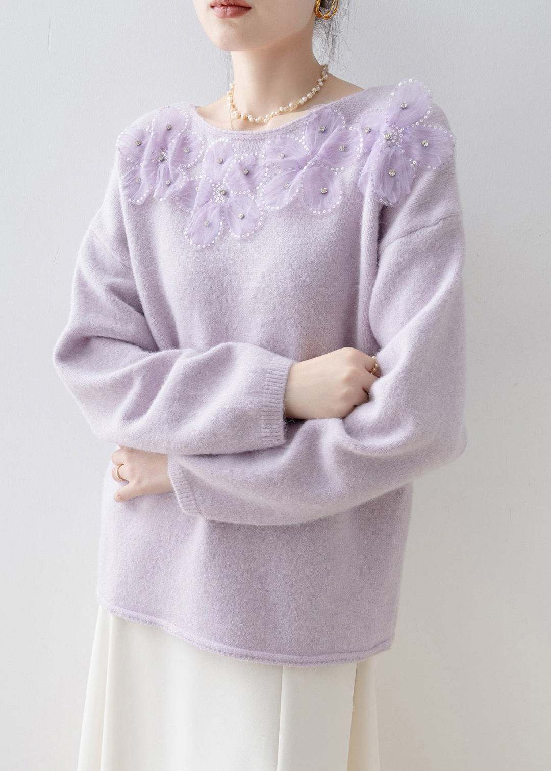 Chic Purple O Neck Floral Sequins Zircon Knit Top Spring