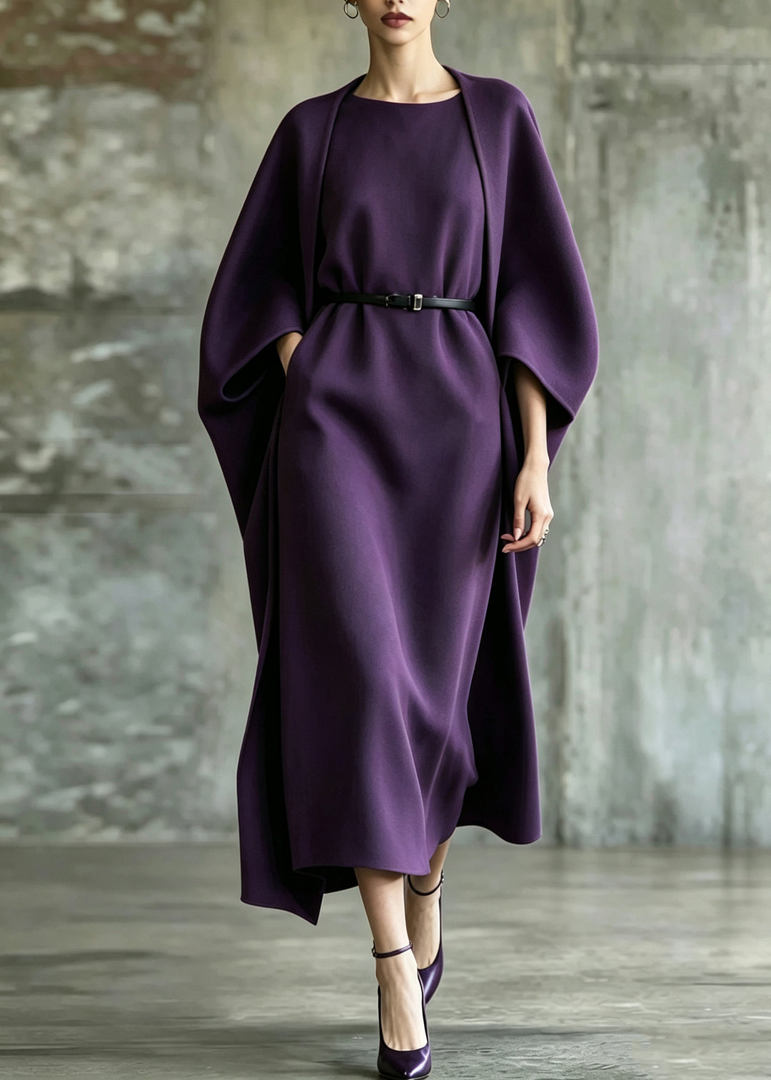 Chic Purple Oversized Woolen Two Pieces Set Winter