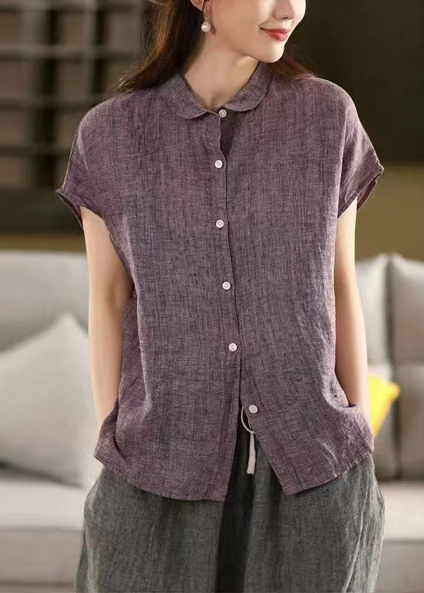 Chic Purple Peter Pan Collar Linen Shirt Top Summer