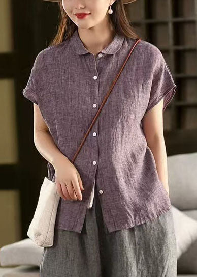 Chic Purple Peter Pan Collar Linen Shirt Top Summer