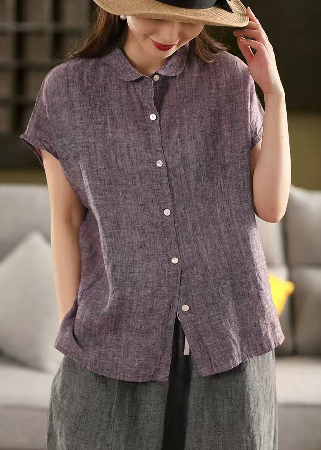 Chic Purple Peter Pan Collar Linen Shirt Top Summer