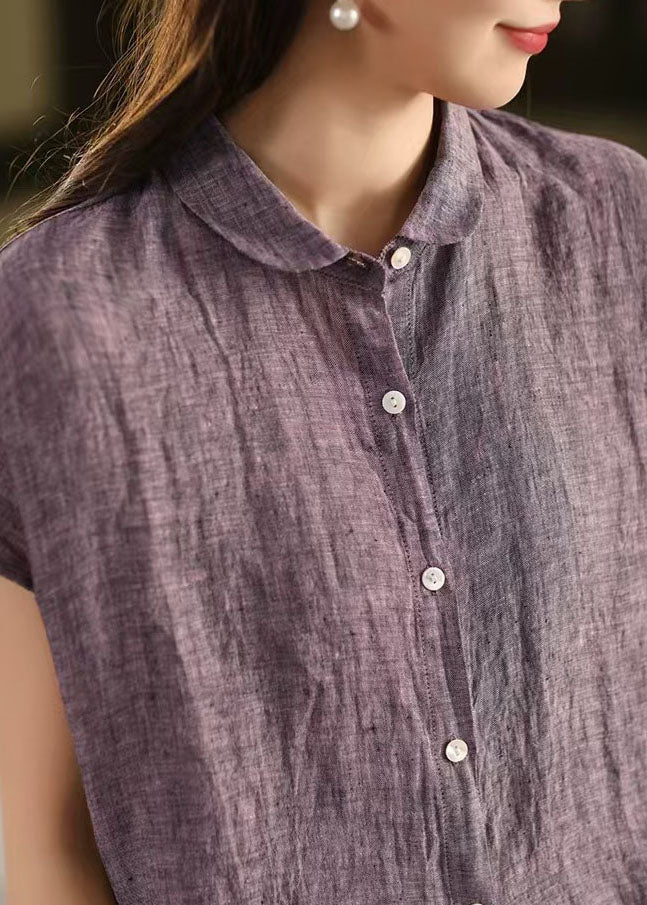 Chic Purple Peter Pan Collar Linen Shirt Top Summer