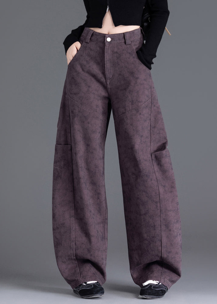 Chic Purple Pockets Print Wrinkled Denim Pants Spring