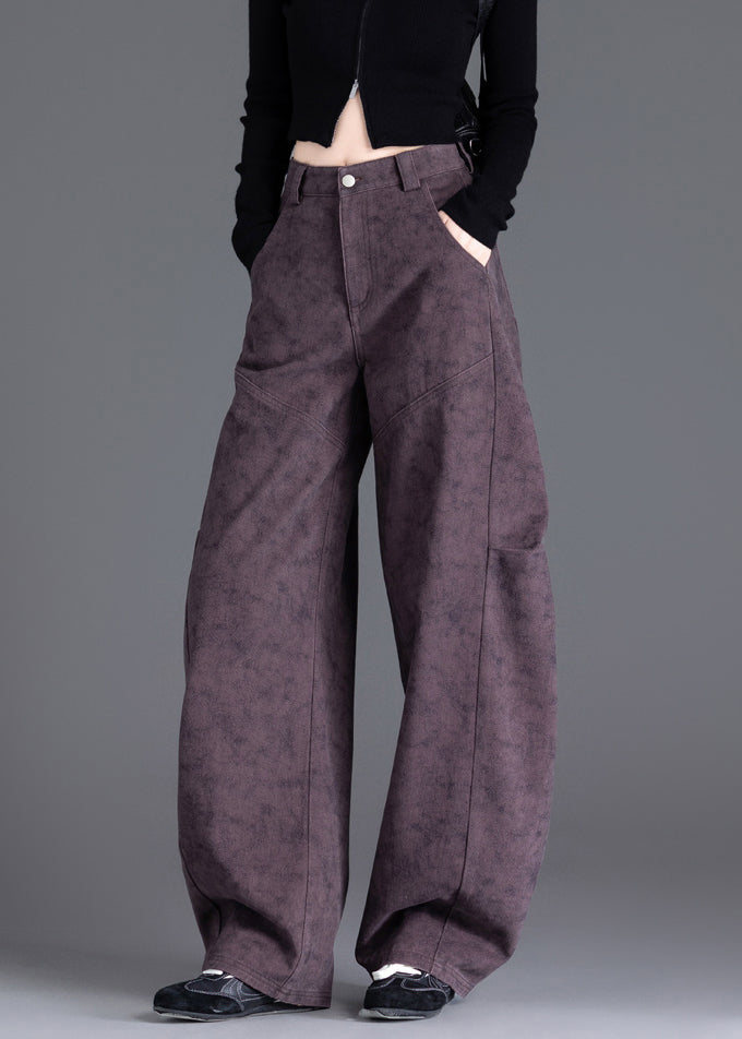 Chic Purple Pockets Print Wrinkled Denim Pants Spring