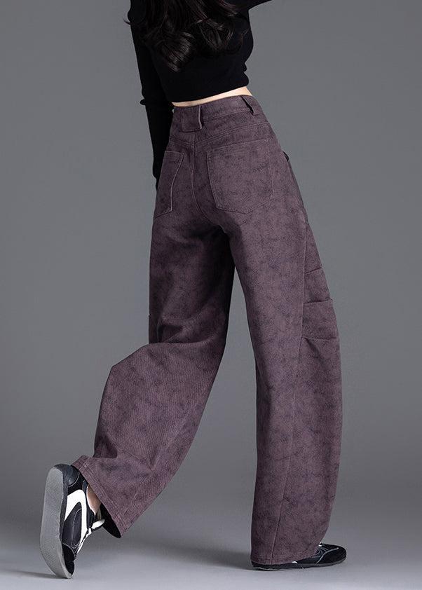 Chic Purple Pockets Print Wrinkled Denim Pants Spring